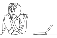 Line drawing image of a woman thinking, proofreading on a laptop